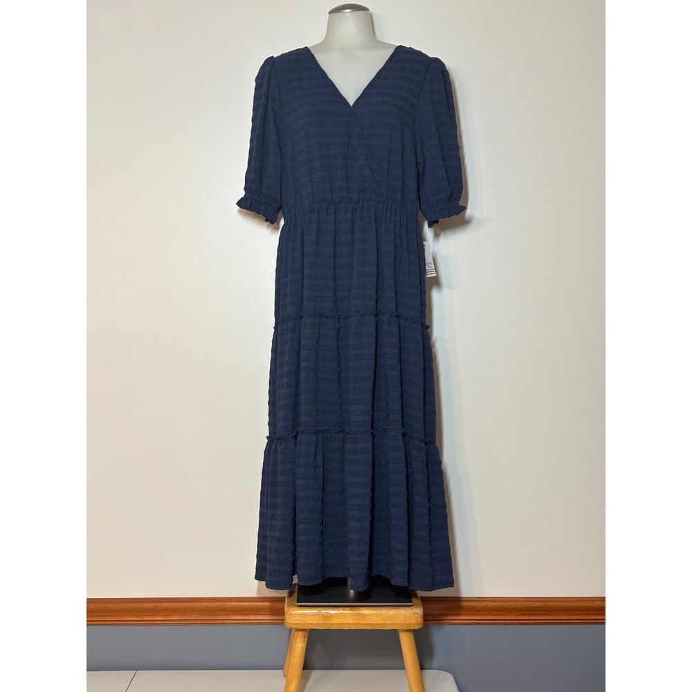 Ophelia Roe Midi Dress Women L Navy Blue Textured Tiered Puff Sleeve NWT